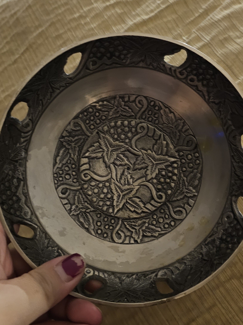 Decorative Pewter Metal Bowl with Intricate Vine Pattern